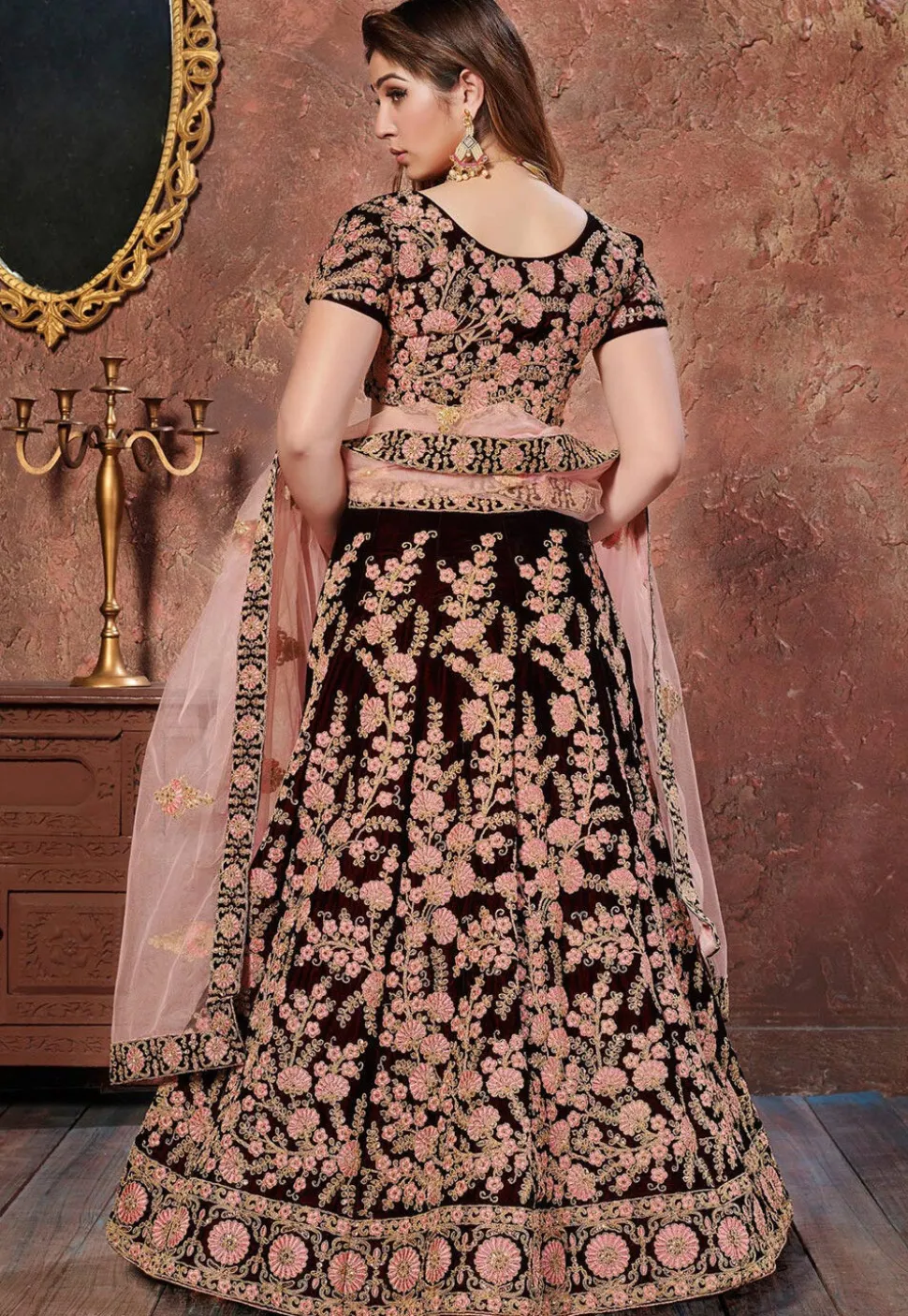 Embroidered Velvet Lehenga in Maroon