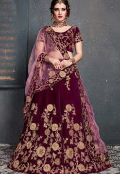 Embroidered Velvet Lehenga in Purple