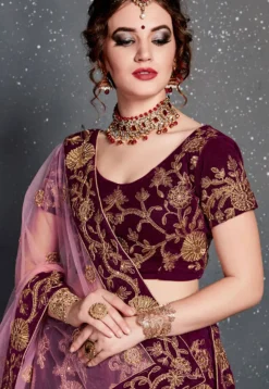 Embroidered Velvet Lehenga in Purple