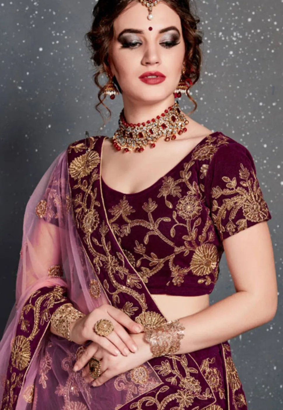 Embroidered Velvet Lehenga in Purple