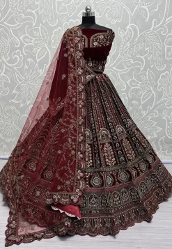 Embroidered Velvet Lehenga in Maroon