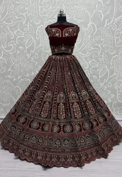 Embroidered Velvet Lehenga in Maroon