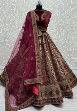 Embroidered Velvet Lehenga in Beige