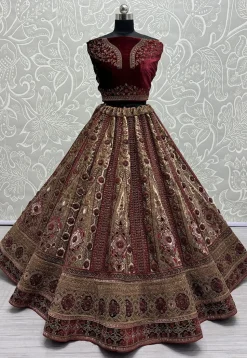 Embroidered Velvet Lehenga in Beige