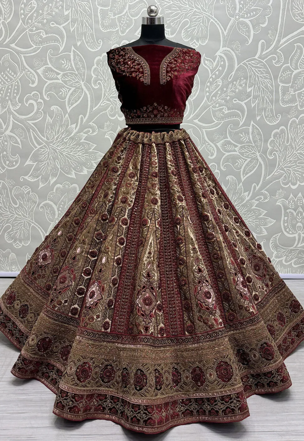 Embroidered Velvet Lehenga in Beige