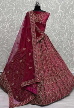 Embroidered Velvet Lehenga in Fuchsia
