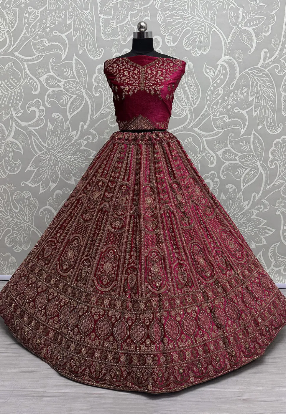 Embroidered Velvet Lehenga in Fuchsia