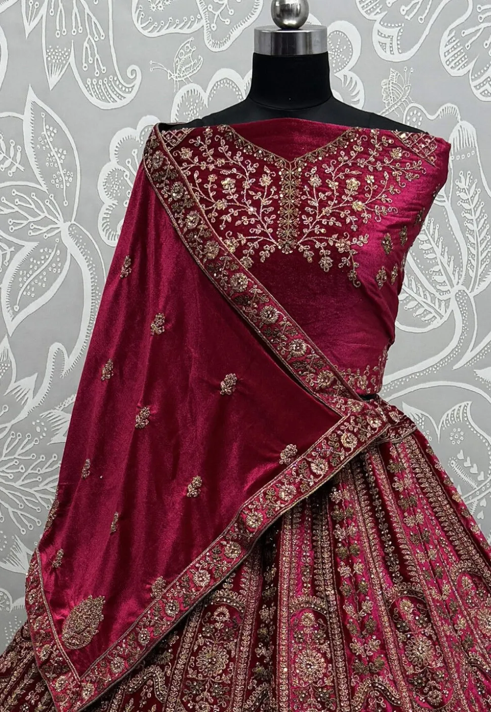 Embroidered Velvet Lehenga in Fuchsia