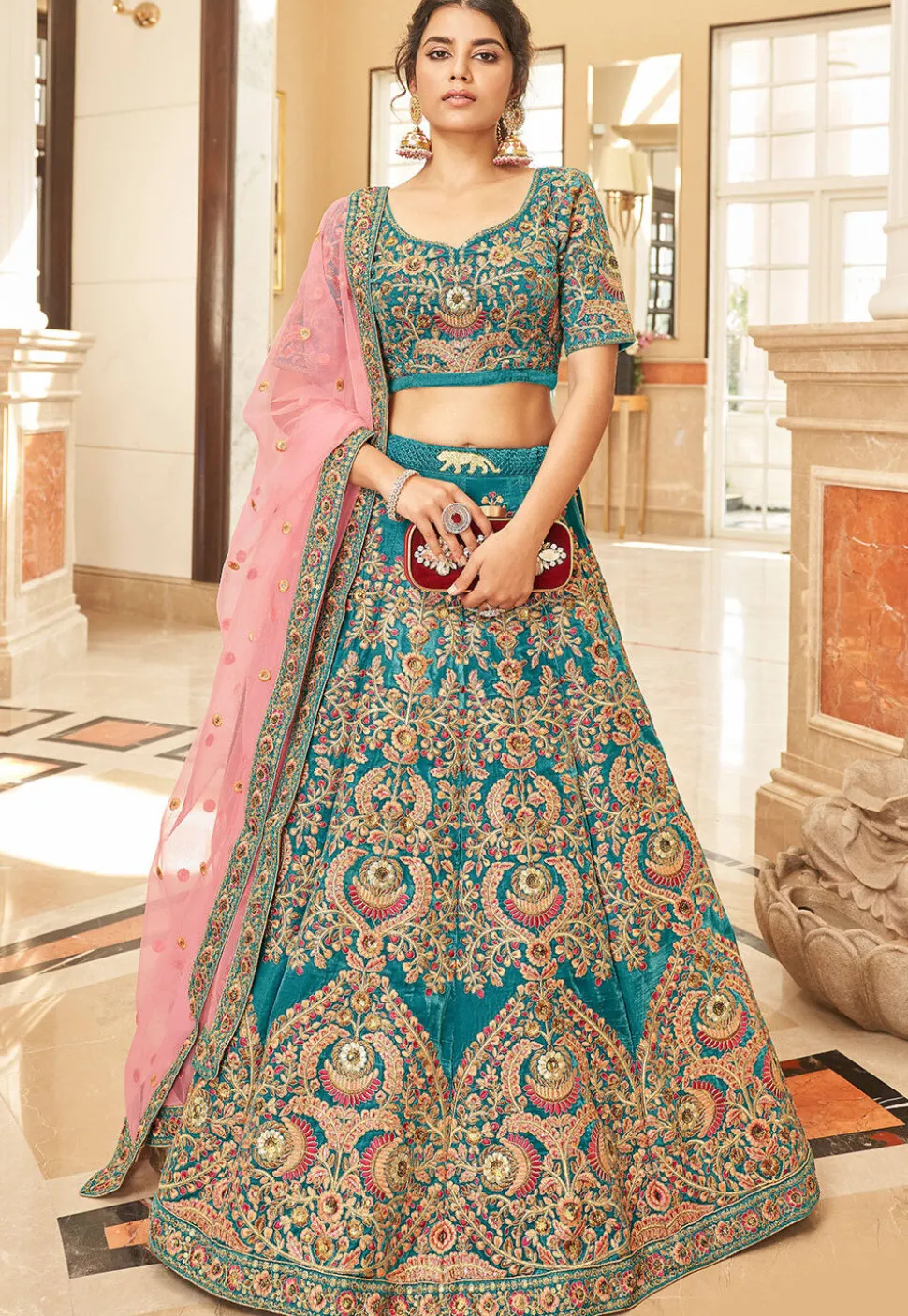 Embroidered Velvet Lehenga in Teal Blue
