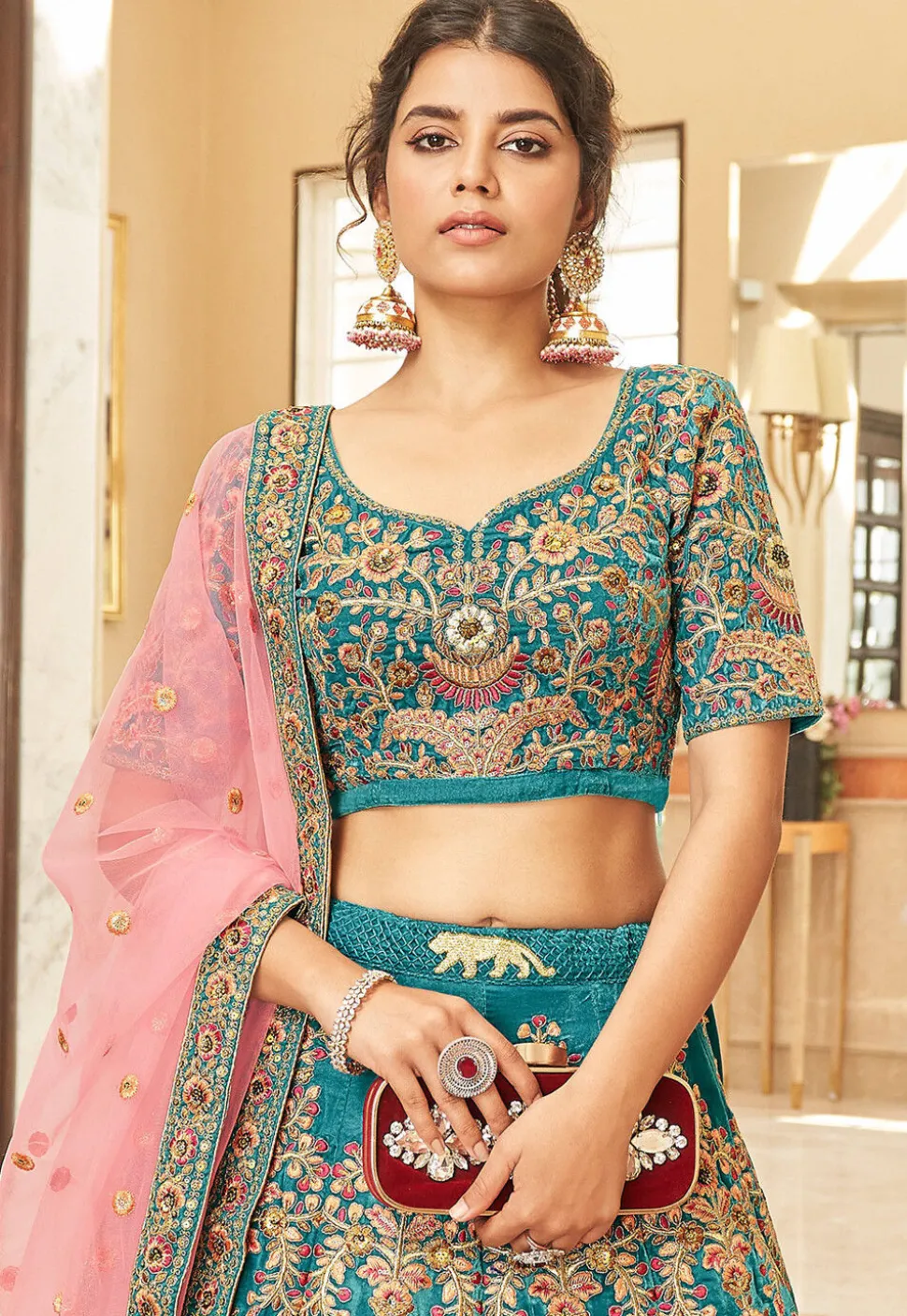 Embroidered Velvet Lehenga in Teal Blue