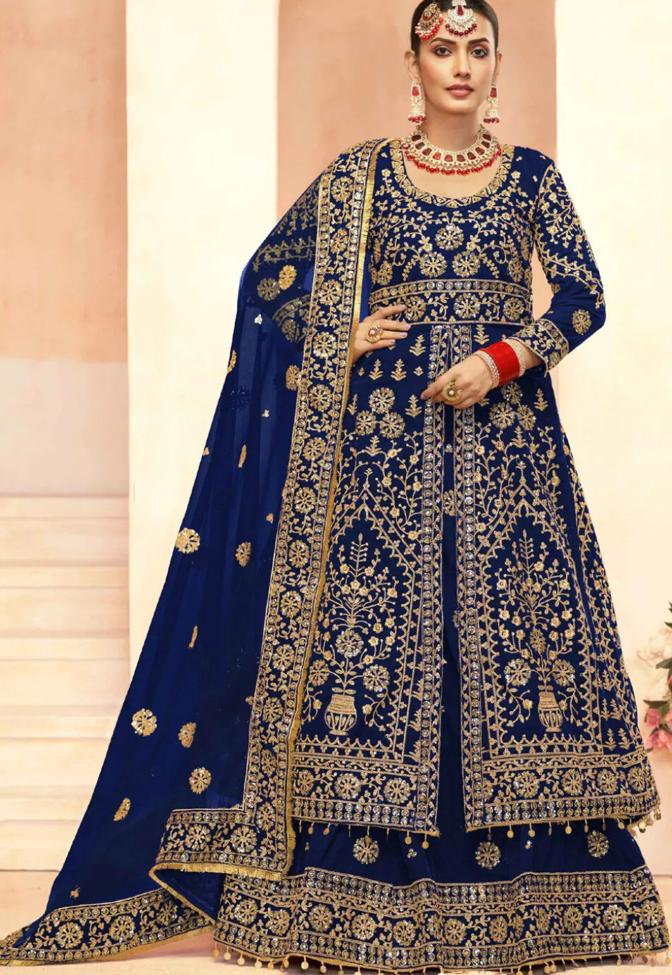 Embroidered Velvet Lehenga in Royal Blue