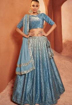 Embroidered Velvet Lehenga in Blue and Grey
