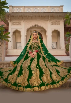 Embroidered Velvet Lehenga in Green