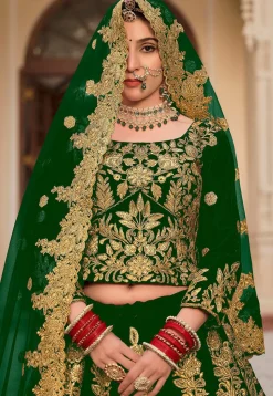 Embroidered Velvet Lehenga in Green