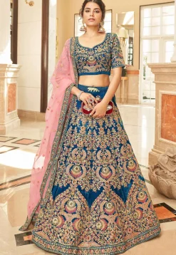Embroidered Velvet Lehenga in Teal Blue