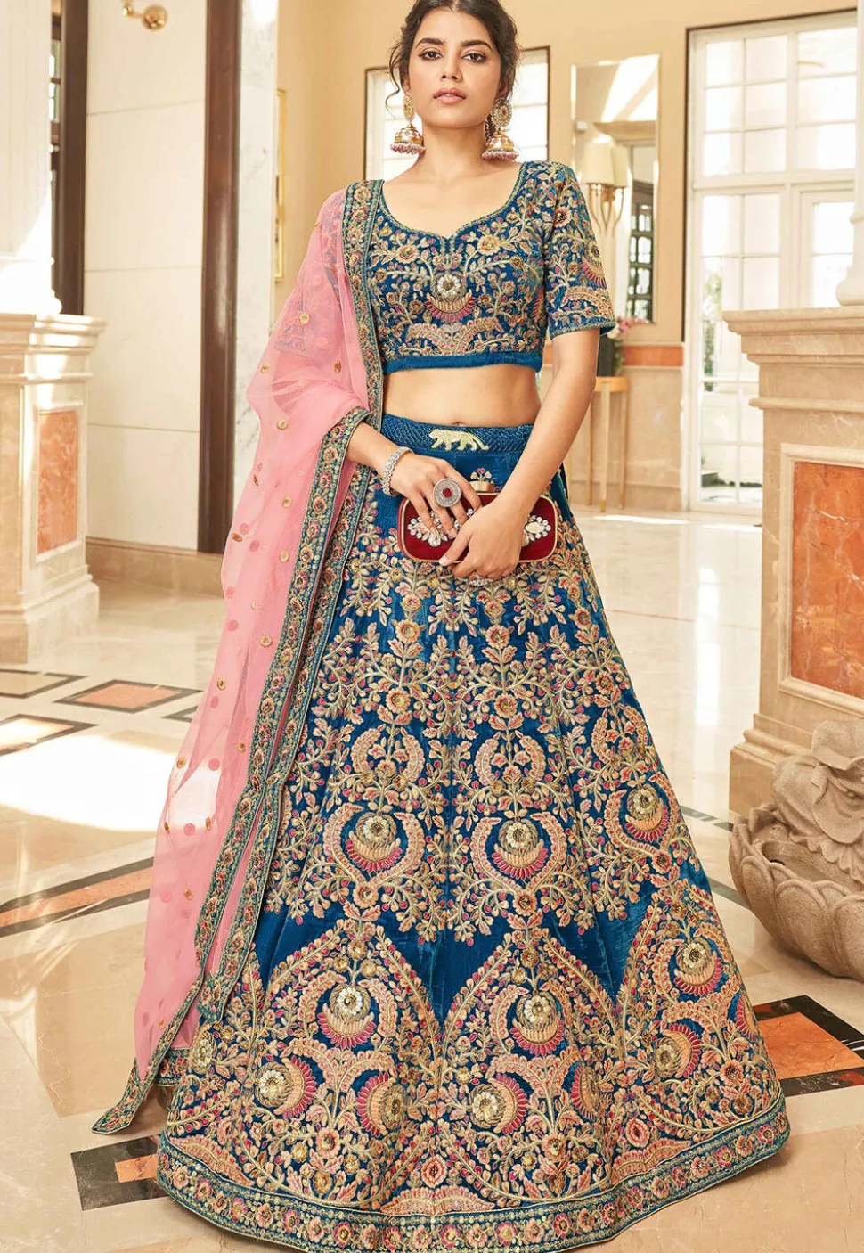Embroidered Velvet Lehenga in Teal Blue