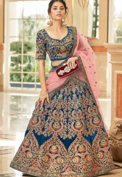 Embroidered Velvet Lehenga in Teal Blue