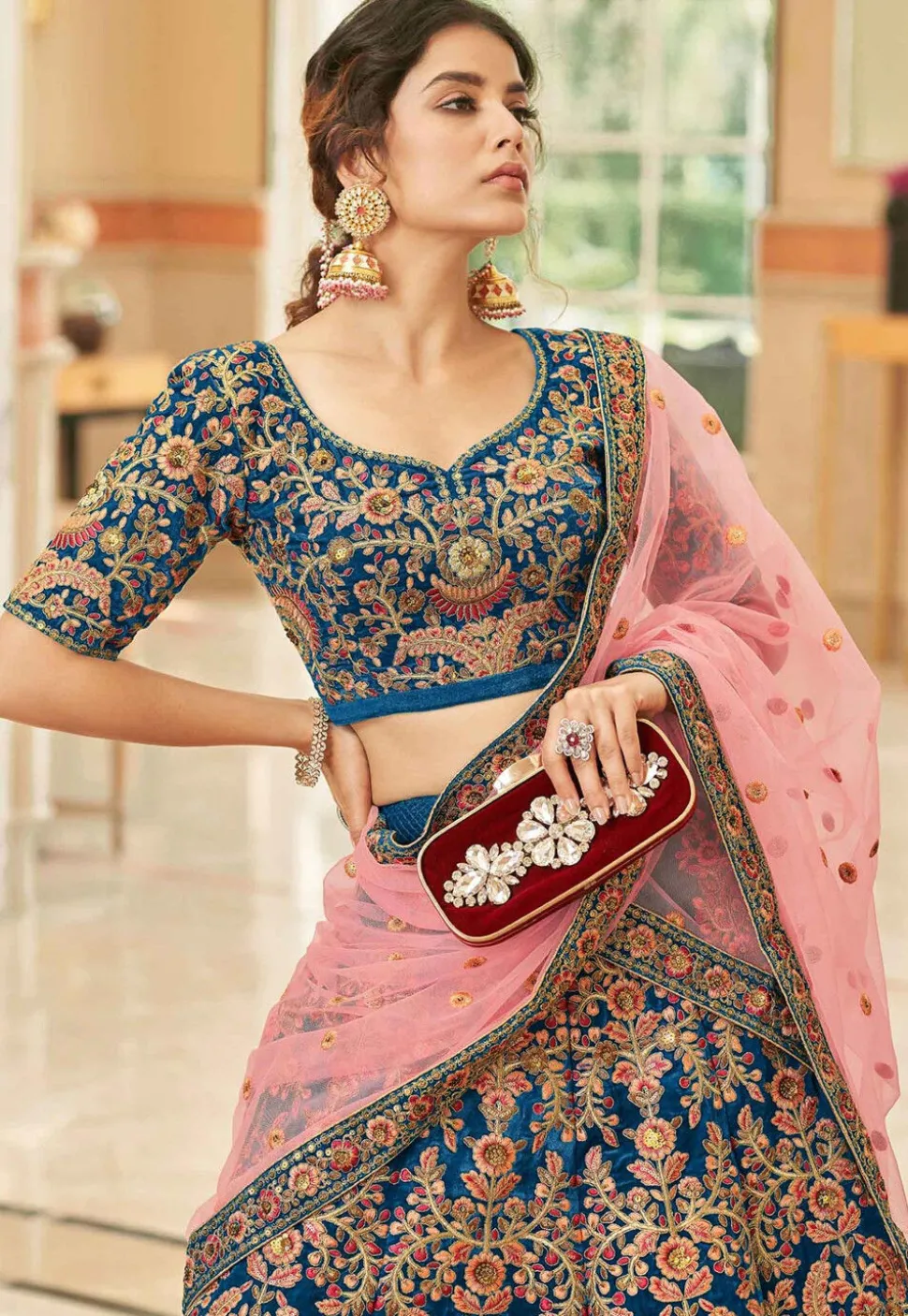 Embroidered Velvet Lehenga in Teal Blue