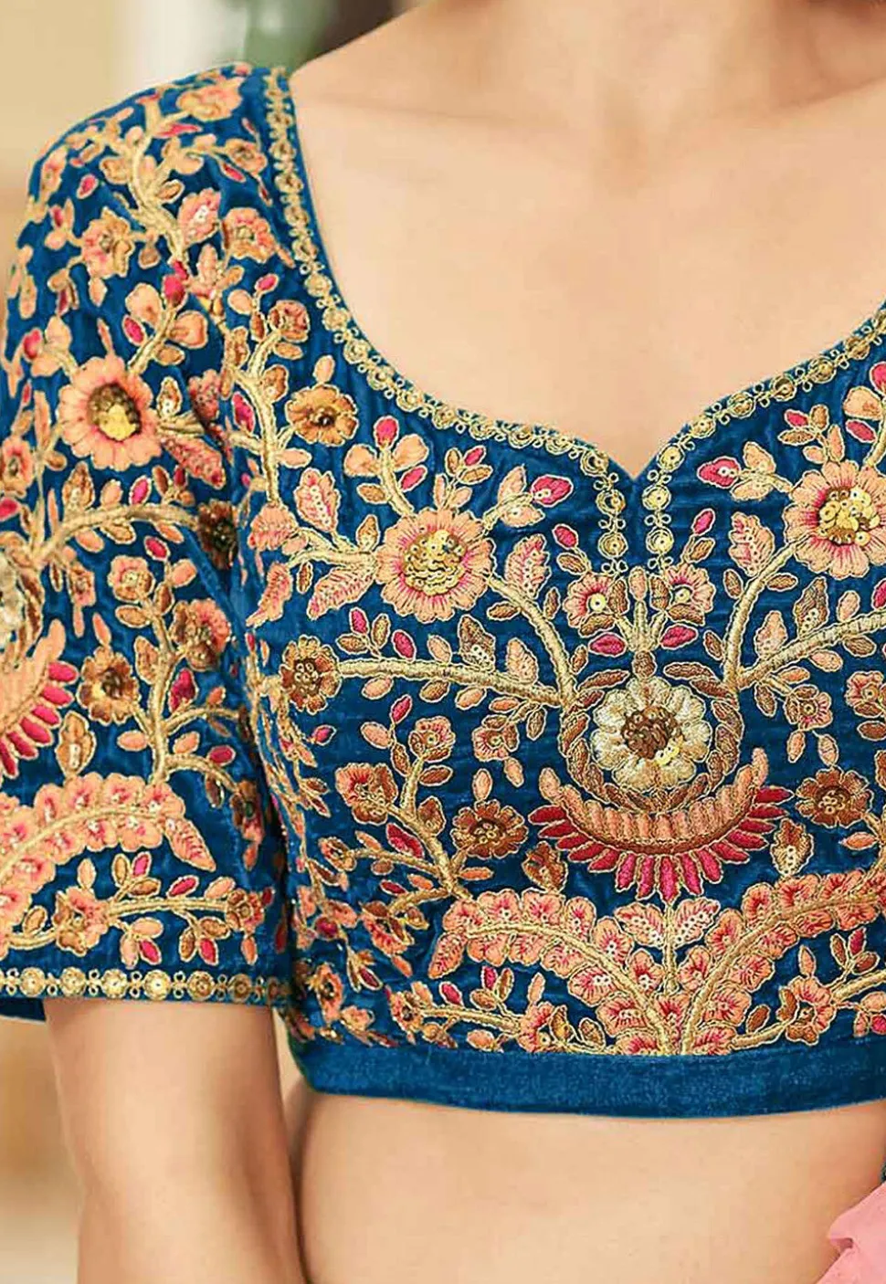 Embroidered Velvet Lehenga in Teal Blue