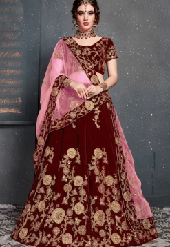 Embroidered Velvet Lehenga in Maroon