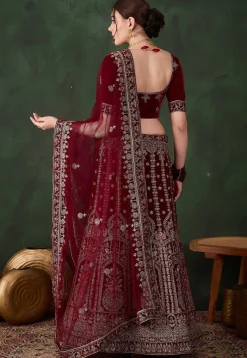Embroidered Velvet Lehenga in Maroon