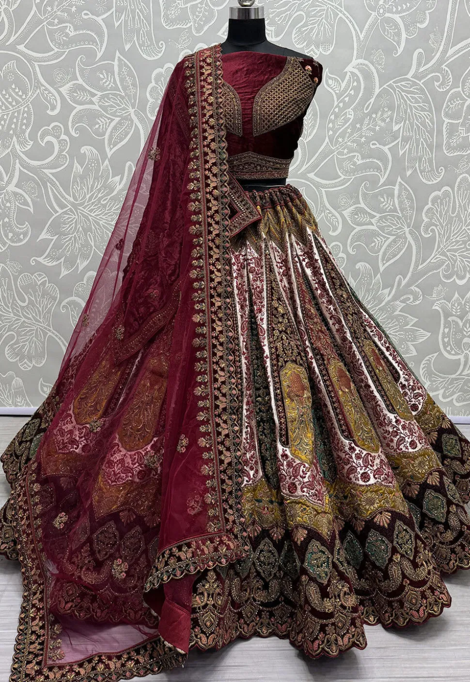Embroidered Velvet Lehenga in Maroon