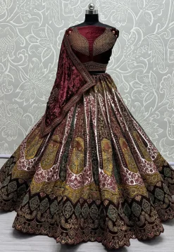Embroidered Velvet Lehenga in Maroon