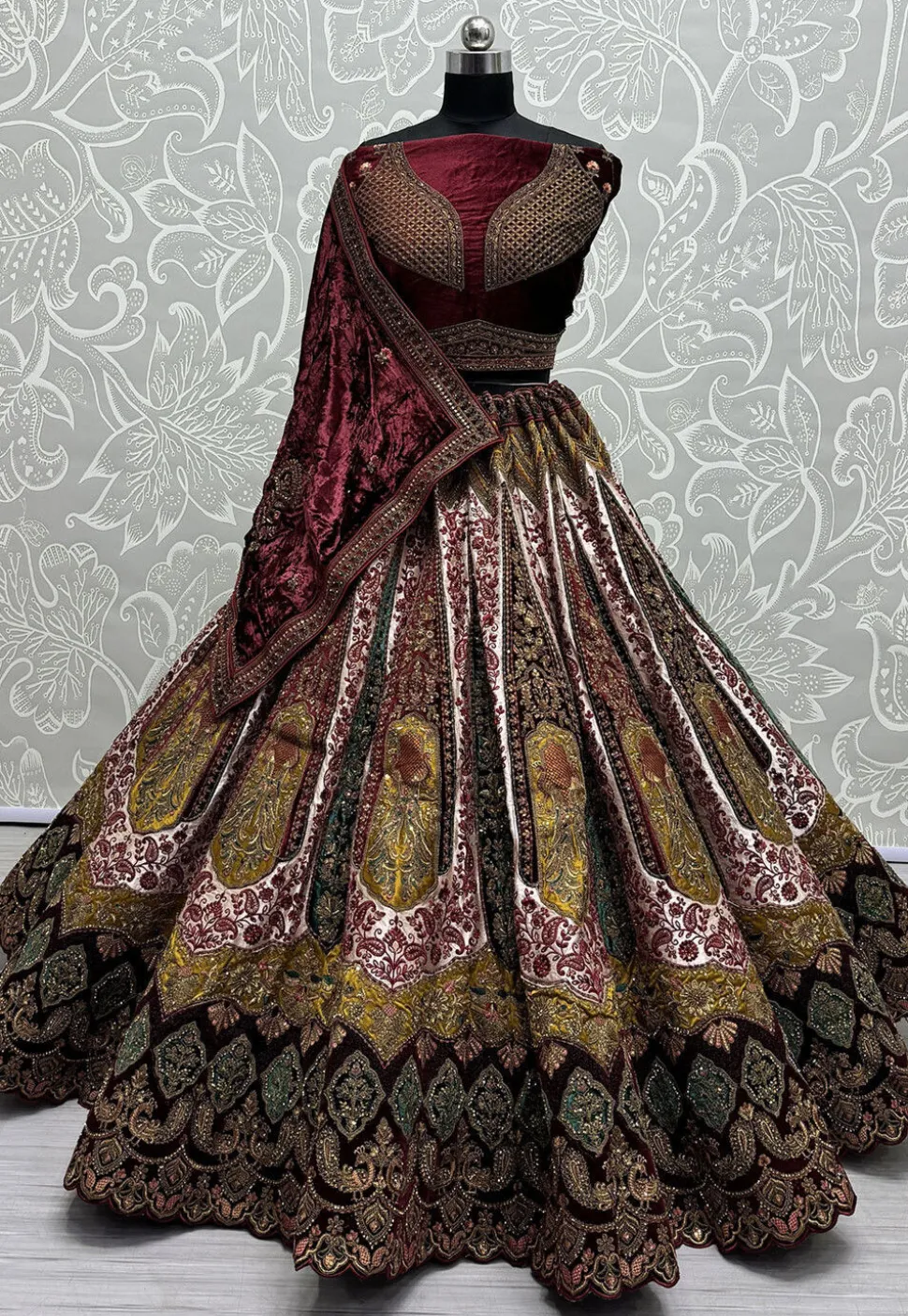 Embroidered Velvet Lehenga in Maroon
