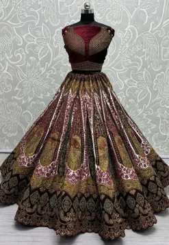 Embroidered Velvet Lehenga in Maroon