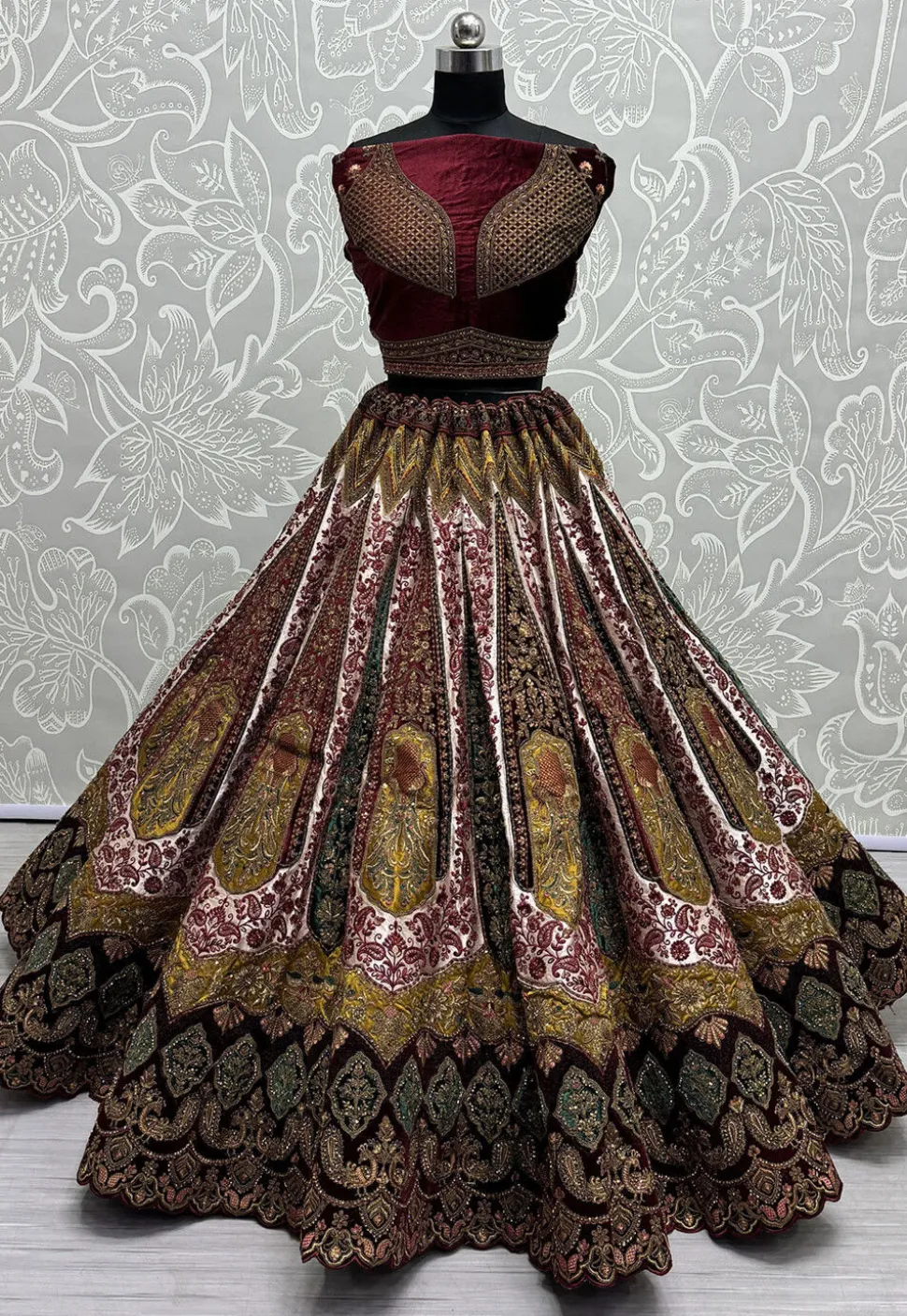 Embroidered Velvet Lehenga in Maroon