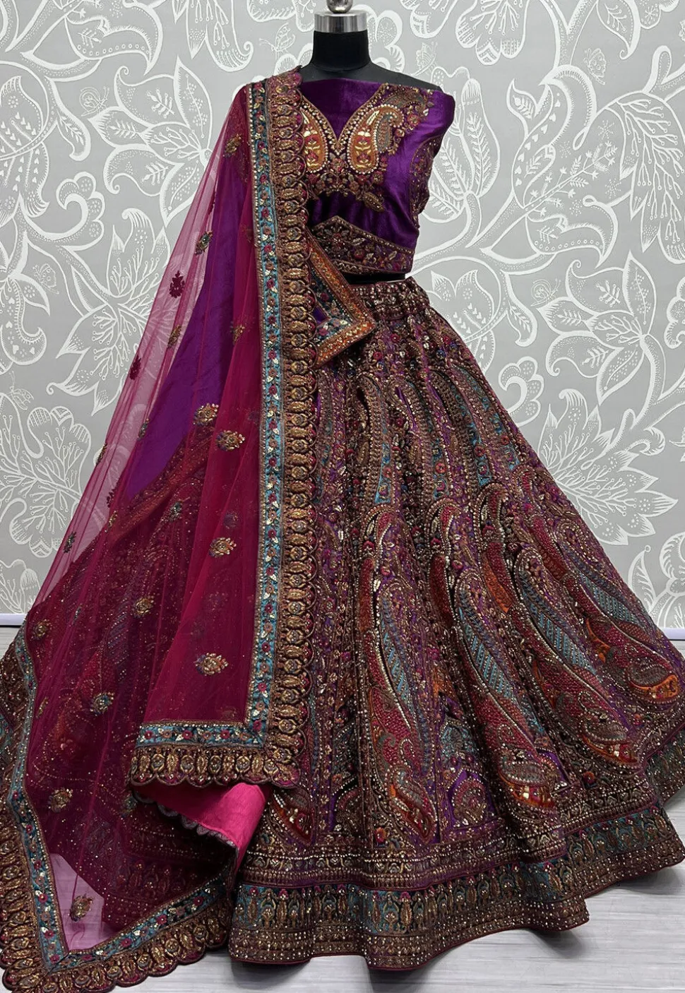 Embroidered Velvet Lehenga in Purple