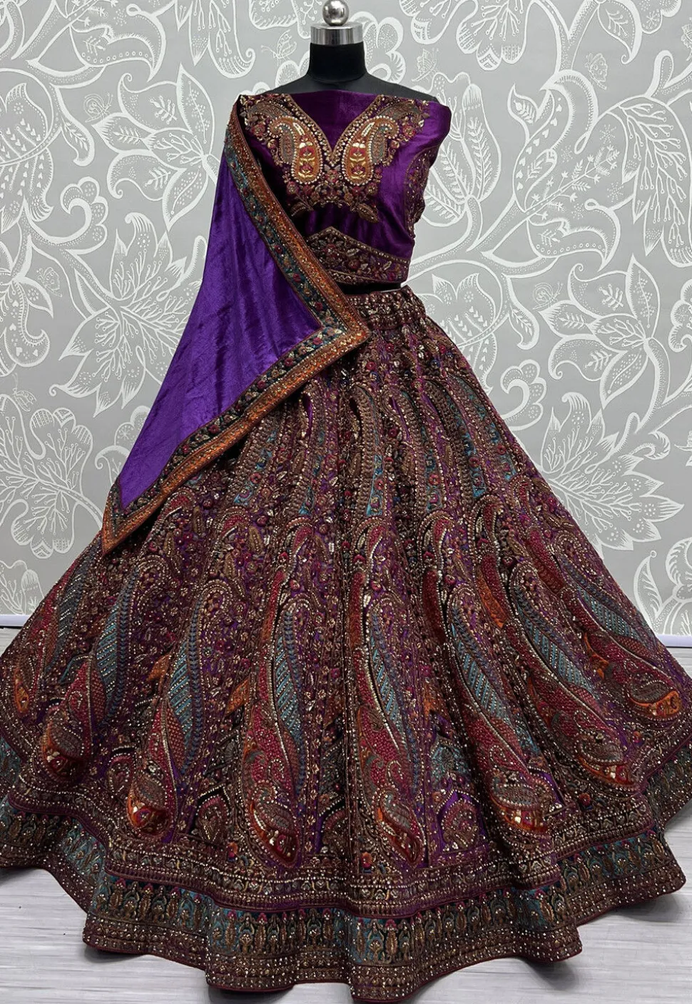 Embroidered Velvet Lehenga in Purple