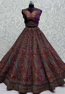 Embroidered Velvet Lehenga in Purple