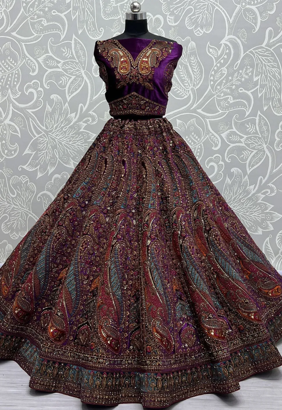 Embroidered Velvet Lehenga in Purple