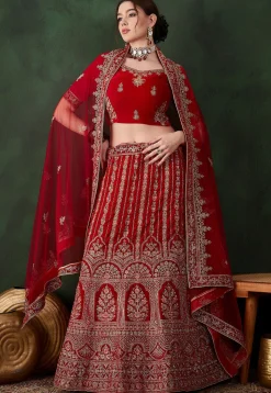 Embroidered Velvet Lehenga in Red
