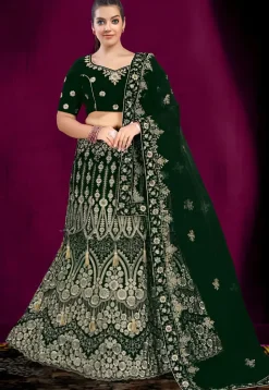 Embroidered Velvet Lehenga in Dark Green