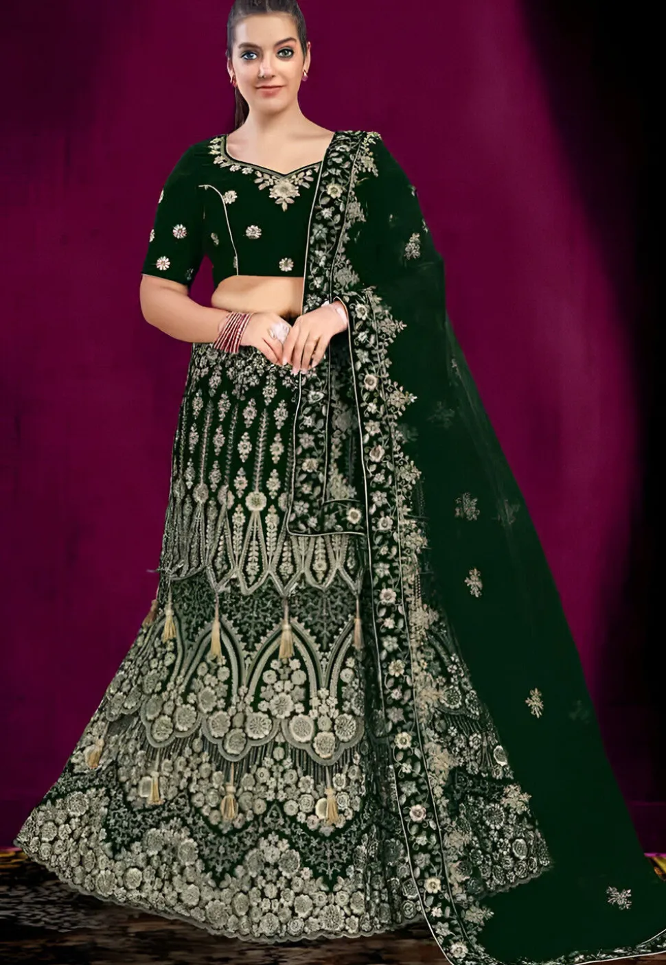 Embroidered Velvet Lehenga in Dark Green