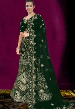 Embroidered Velvet Lehenga in Dark Green