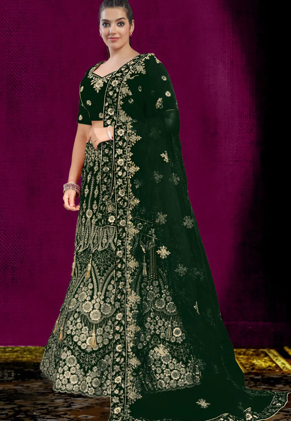 Embroidered Velvet Lehenga in Dark Green