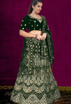 Embroidered Velvet Lehenga in Dark Green