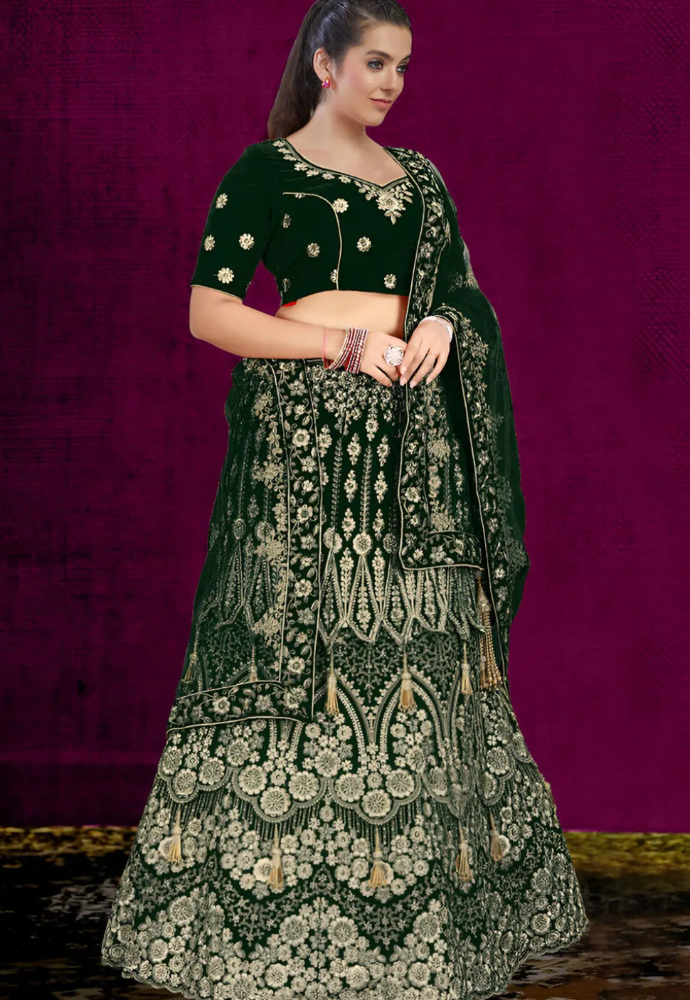 Embroidered Velvet Lehenga in Dark Green