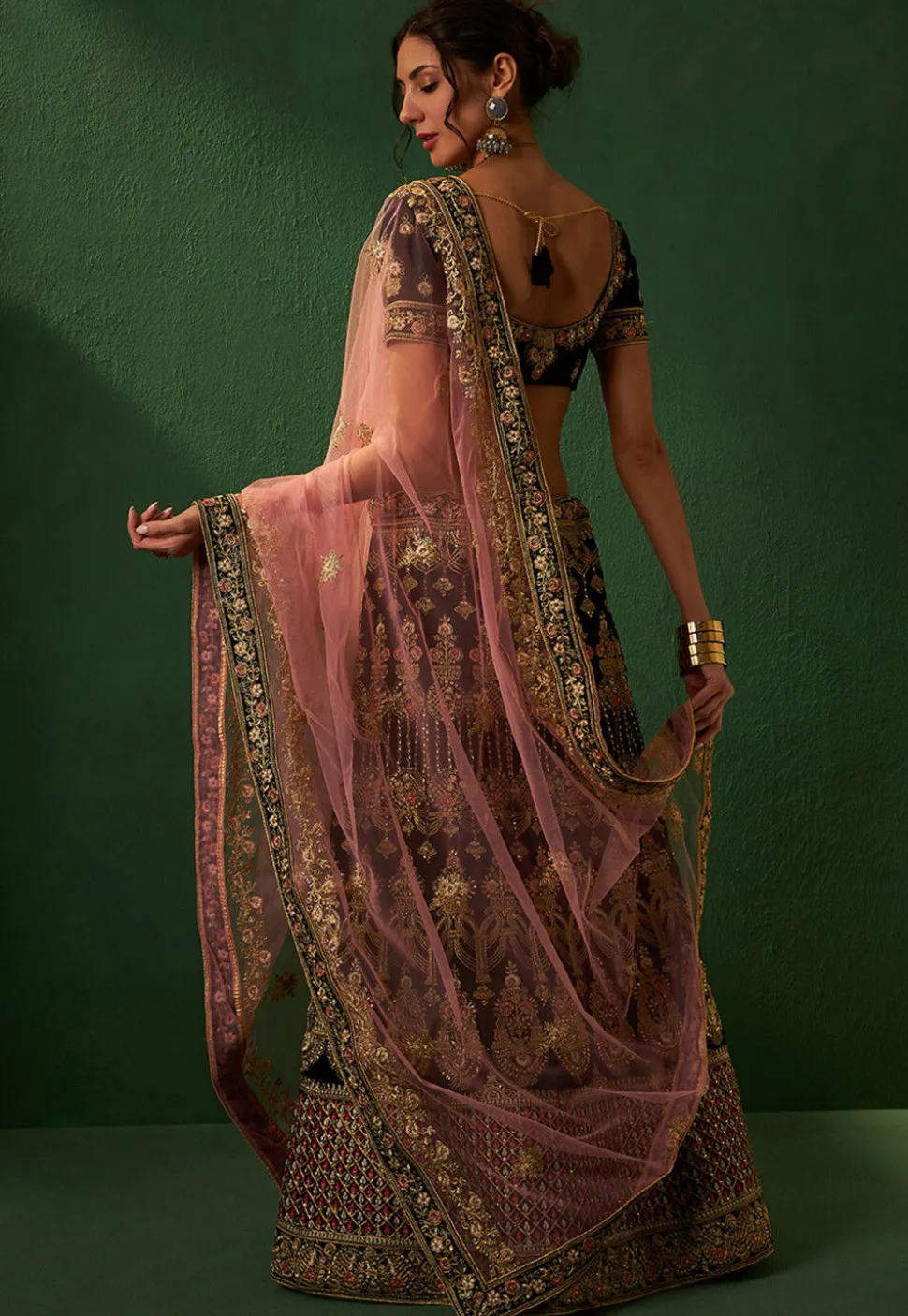 Embroidered Velvet Lehenga in Blue