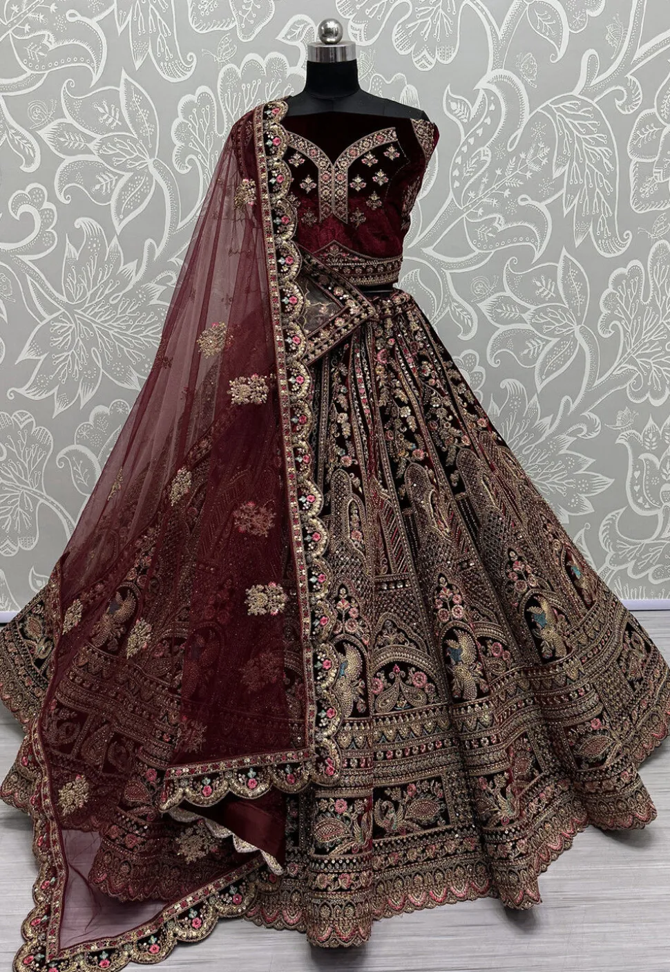 Embroidered Velvet Lehenga in Maroon