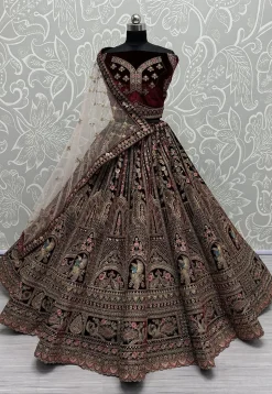 Embroidered Velvet Lehenga in Maroon