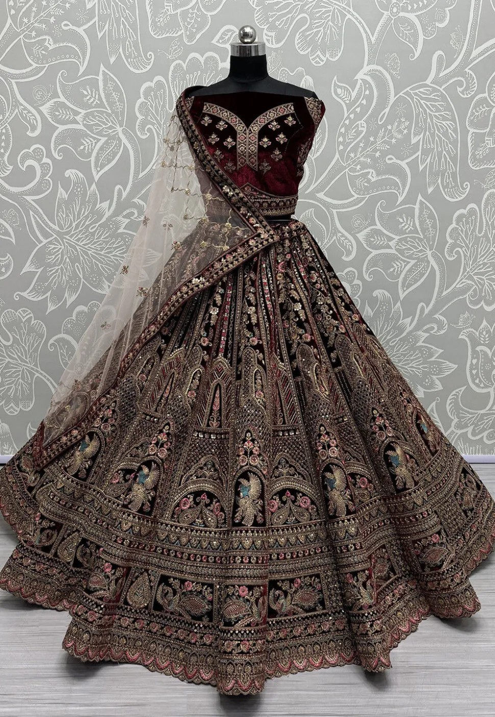 Embroidered Velvet Lehenga in Maroon