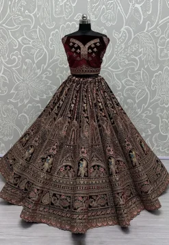 Embroidered Velvet Lehenga in Maroon