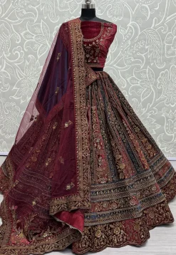 Embroidered Velvet Lehenga in Maroon