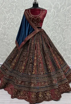 Embroidered Velvet Lehenga in Maroon