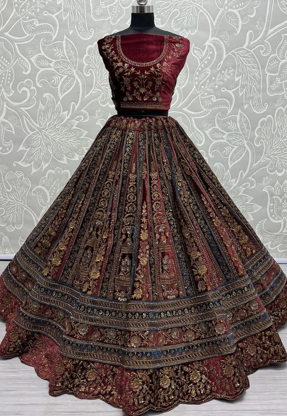 Embroidered Velvet Lehenga in Maroon