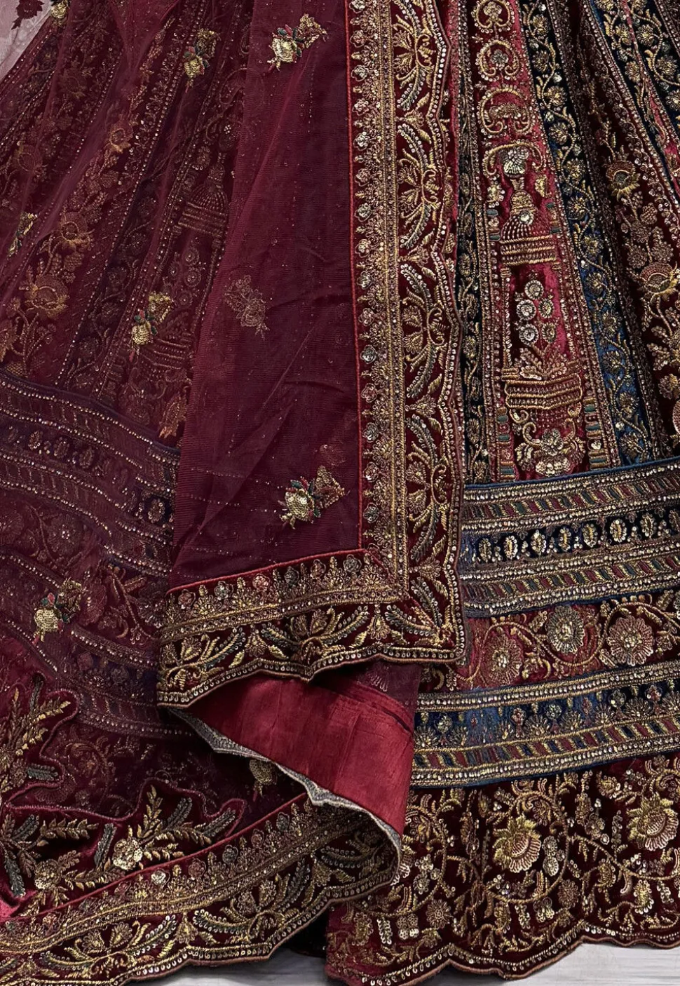 Embroidered Velvet Lehenga in Maroon